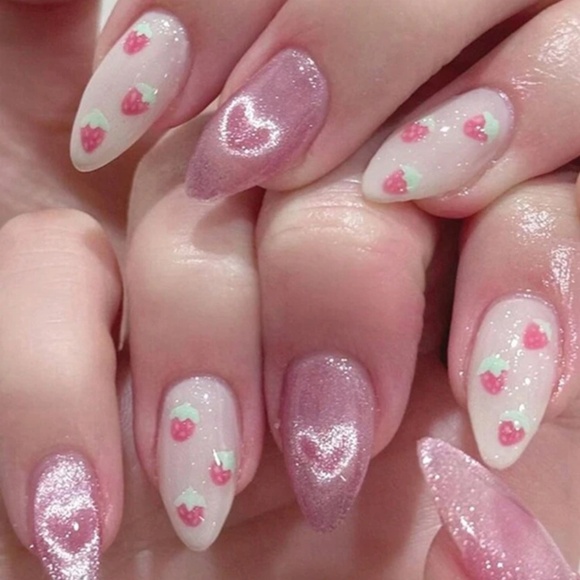 Kawaii Girly Glitter Cat Eye Mermaid Cute Print Nude Press on Nails Set of 4 - Picture 2 of 9
